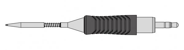The image shows an elongated object that tapers to a point at one end. The surface has a ridged texture, indicating a handle. At the other end, there is an attachment.