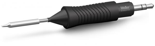 The image shows a black soldering iron with a non-slip grip. At the end, there is a silver soldering tip. The iron has an ergonomic shape for better grip.