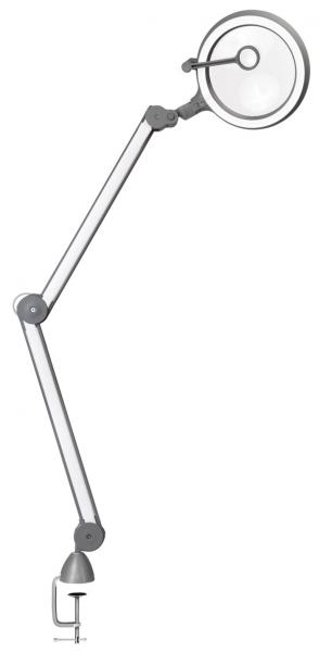The image shows a flexible desk lamp with a long, adjustable arm and a round lampshade. It is attached to a desk and is well suited for targeted lighting.