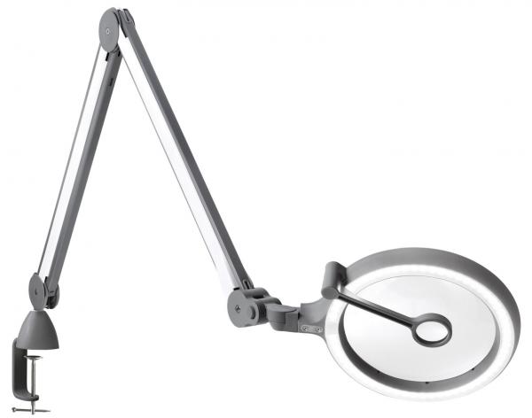The image shows an adjustable desk lamp with a round lampshade and a sturdy clip for attachment. The arm is flexible and allows for various positions.