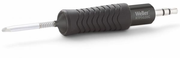 The image shows a black, non-slip screwdriver with a long, slender, metallic head. The handle is ergonomically designed and has a grippy surface.