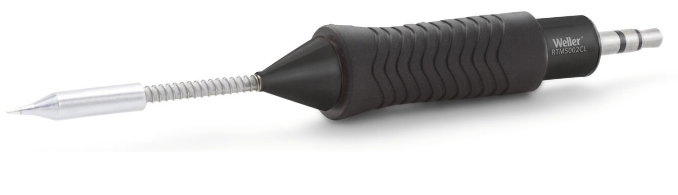 The image depicts a handy pen featuring a molded, non-slip grip made of black rubber. The tip is made of shiny metal and has a fine, pointed shape.