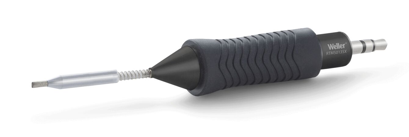 The image shows a handy tool with a grippy, black handle. At one end, there is a thin, silver attachment. It has a slightly geometric, pointed shape.