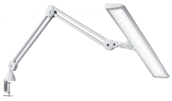 The image shows a white desk lamp with a flexible arm. The lampshade is rectangular and flat. The lamp is attached to the table with a clamp.