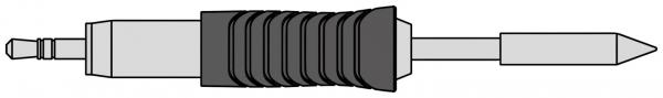 The image shows a connector with a long, slender body and a pointed metal tip. The handle is equipped with round grooves for improved grip.