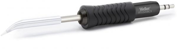 The image shows a soldering iron with a long, slightly curved metal tip attachment. The handle is black and rubberized to provide a better grip. The name "Weller" is visible.