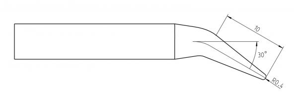 The image displays a technical drawing of a tool with a long, straight blade that tapers at one end and has a pointed, slightly curved shape. Dimensions are provided.