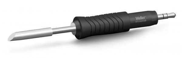 The image shows a soldering iron with a long, silver tip attachment. The handle is black, rubberized, and has grooves for better grip. The attachment is designed for precise soldering.