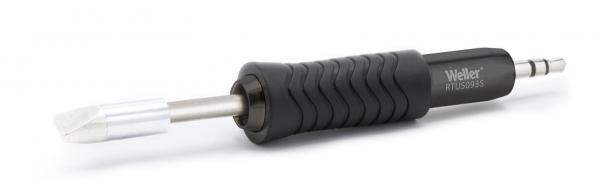 The image shows a soldering iron with a black, non-slip grip and a silver tip. The tip is slightly flat and has a narrow opening for precise work.