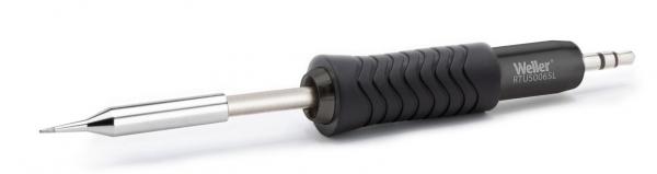 The image shows an electric soldering iron with a black, ridged handle for better grip. The tip is made of shiny metal and is narrow in design.