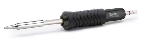 The image shows a soldering iron with a black, ribbed plastic handle. The tip is metallic and elongated. The iron has a comfortable grip shape for precise work.