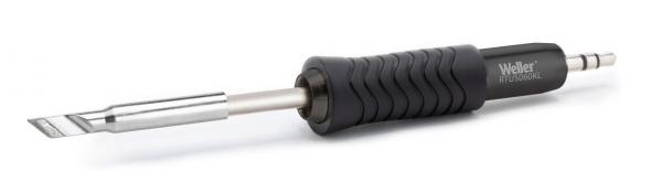 The image shows a soldering iron with a black rubberized handle. The tip is flat and metallic, ideal for soldering components. The iron is slim and ergonomically designed.