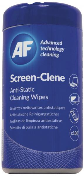 The image shows a round, blue can with a white lid. On the front it says "Screen-Clene" in large letters, below that "Anti-Static Cleaning Wipes". Instructions for use are depicted.
