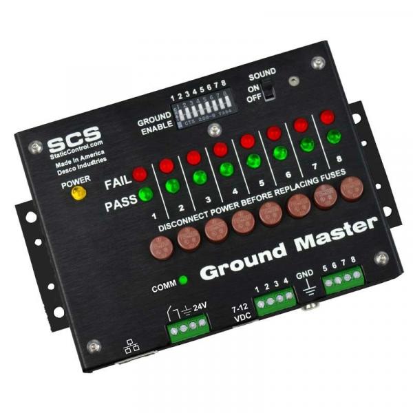 The image shows a black device with multiple colorful LEDs in red and green, a switch for sound, and labels such as "POWER", "FAIL", "PASS". Below are connection points.