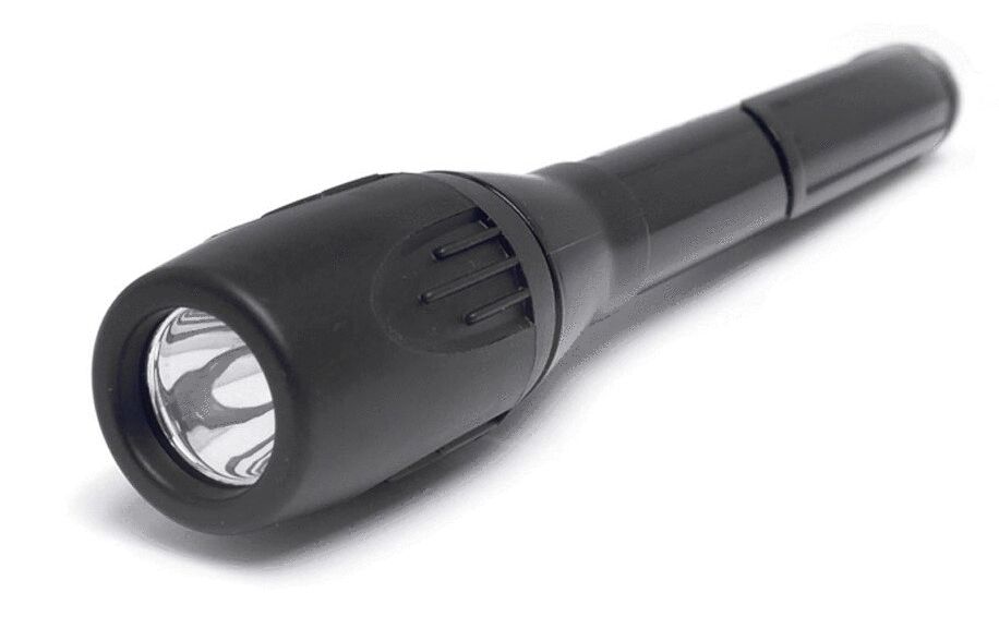 The image shows a black flashlight. It has a spherical head from which the light shines, and an elongated, straight handle. The surface is smooth with a non-slip area.