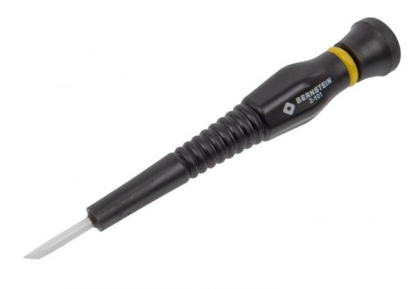 The image shows a screwdriver with a black, rubberized handle and yellow accents. The blade is narrow and made of steel, ideal for precise tasks.