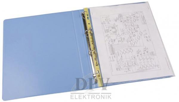 The image shows a blue folder that is open. On the left side is an empty inside cover, and on the right is a sheet with technical drawings and diagrams.