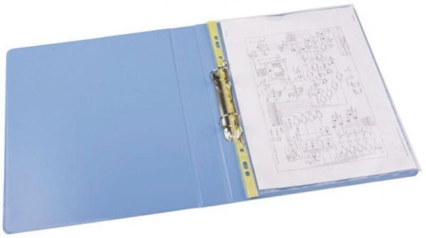 The image shows a blue folder that is open. Inside, there is a sheet of paper with technical drawings or diagrams. The folder features a ring mechanism.