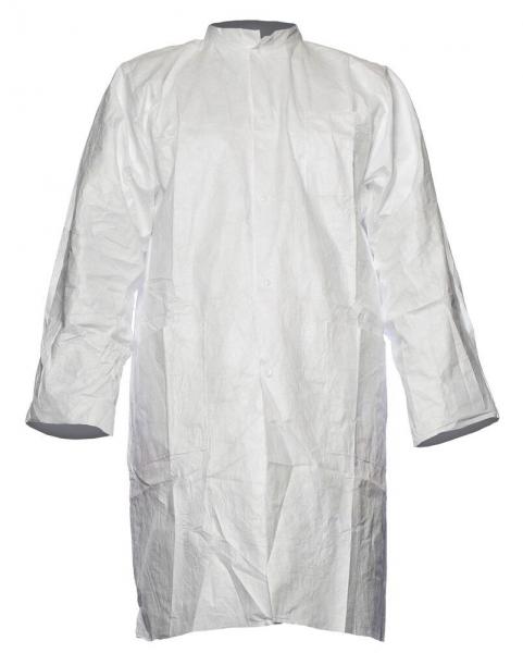 The image shows a long, white coat with long sleeves. The coat features a simple collar and is made from lightweight material, ideal for hygienic or medical purposes.