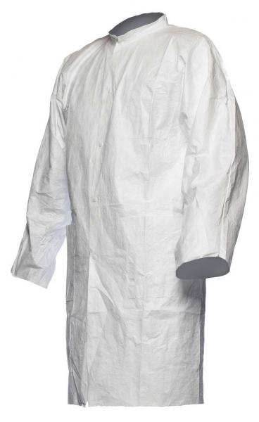 The image shows a white coat with long sleeves. It has a simple cut and a round collar without buttons, ideal for medical or hygienic purposes.