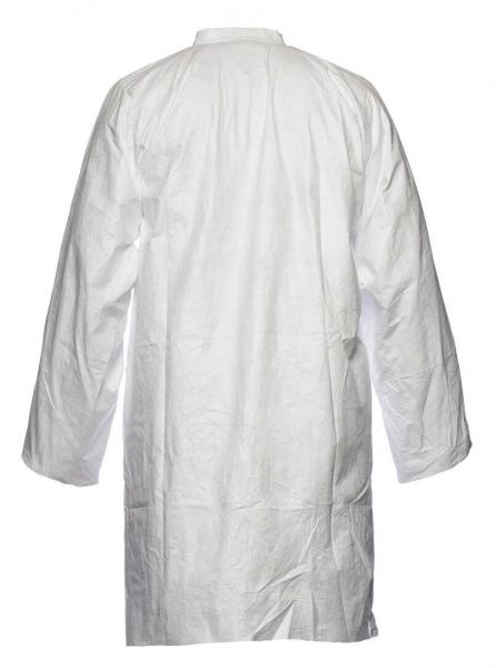 The image shows a white coat made from a lightweight material. It has long sleeves and a simple, round collar. The coat is viewed from the back and appears practical and functional.