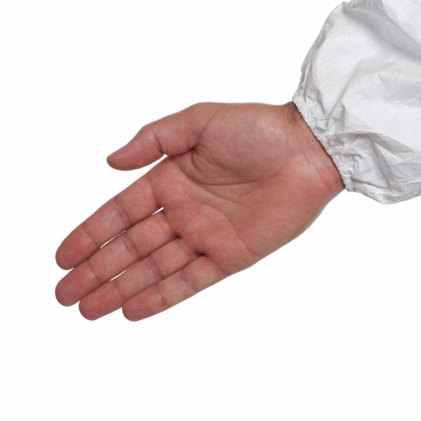 The image shows an extended right hand. The hand is slightly open, with an average skin tone. The sleeve of the jacket is white and straight-cut.
