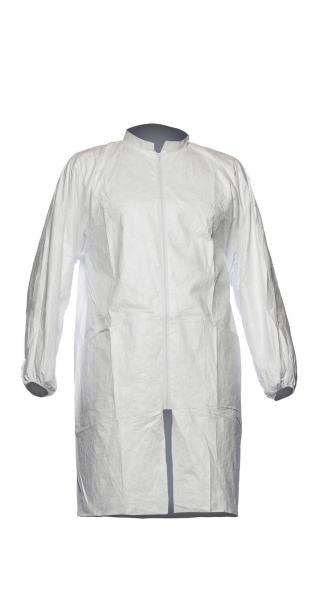 The image shows a white coat with long sleeves. It has a round neckline and a centered zipper. The fabric appears light and provides protection.