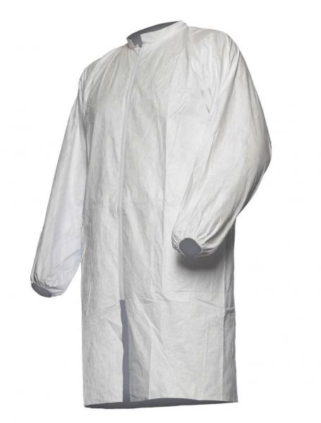 The image shows a long, white protective coat with no discernible details, featuring long sleeves and a simple, straight cut. The coat appears light and hygienic.