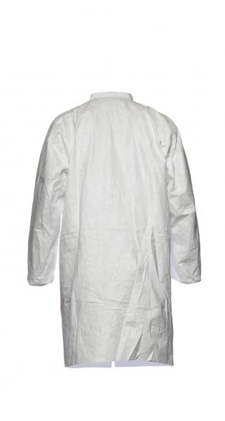 The image shows a white coat with long sleeves. It is plain, has a straight shape, and a small collar. The coat is viewed from the back.