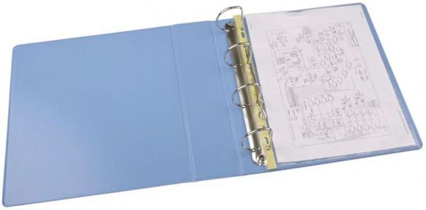 The image shows an open blue ring binder. Inside there is a sheet with technical drawings or diagrams. The binder has a smooth surface and is slightly curved.
