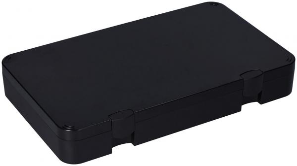 The image displays a rectangular, black plastic box with a smooth surface. It has rounded corners and two side clasps that provide a secure hold.