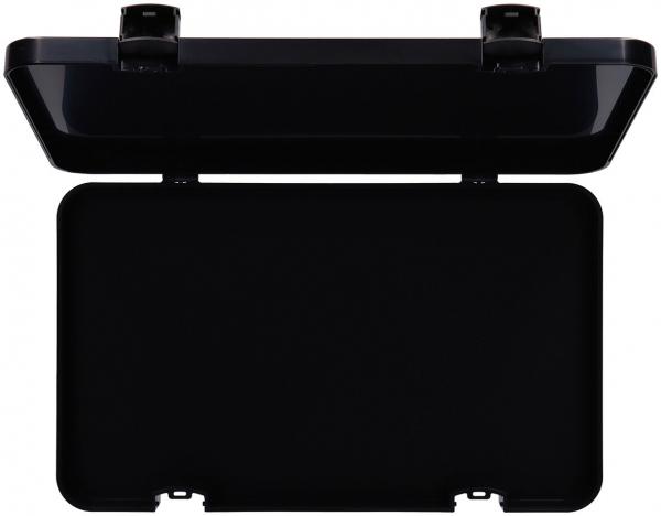The image shows a black, rectangular box with a hinged lid. The lid is slightly transparent, while the interior is completely black.