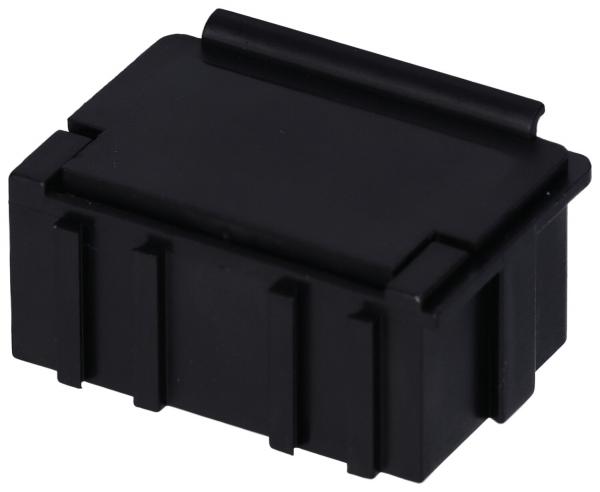 Das Bild zeigt eine kleine, schwarze Kunststoffbox mit einer rechteckigen Form. Sie hat eine leicht erhöhte Klappe und vertikale Rillen an den Seiten für besseren Halt.