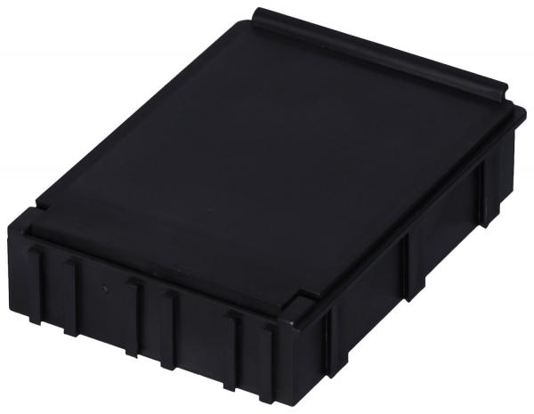The image shows a rectangular, black plastic box with a flat lid. The surface is smooth, and the sides have vertical notches.