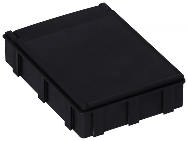 The image shows a black, rectangular box with a flat lid. The box has vertical grooves on the sides and appears stable and sturdy. It is larger than a deck of cards.