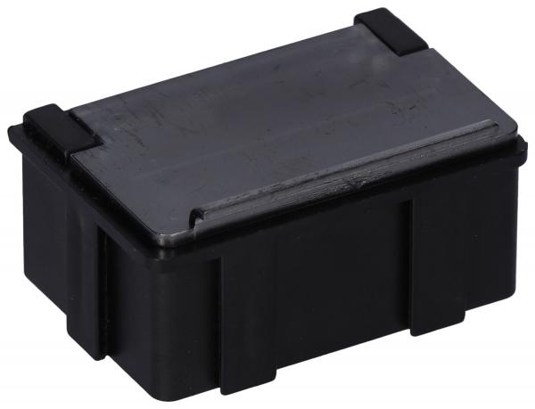Das Bild zeigt eine rechteckige, schwarze Kunststoffbox mit einem flachen Deckel. Die Kanten sind abgerundet, und es gibt seitliche Vertiefungen für einen besseren Griff.