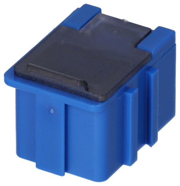 Das Bild zeigt einen kleinen, rechteckigen Kasten in kräftigem Blau mit einer schwarzen Oberseite. An den Seiten sind kleine, vertikale Rillen zu sehen. Der Kasten hat eine flache Oberfläche.