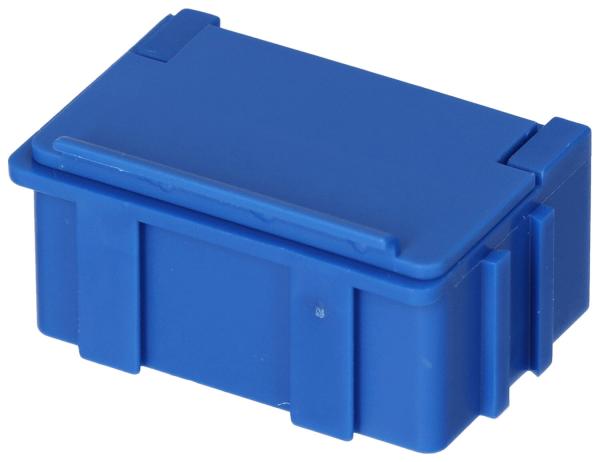 Das Bild zeigt eine rechteckige, blaue Aufbewahrungsbox mit einem flachen Deckel. Die Box hat an den Seiten kleine Rillen und ist aus Kunststoff gefertigt. Sie wirkt stabil und handlich.