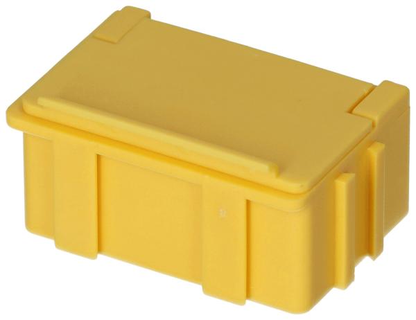 Das Bild zeigt eine kleine, rechteckige, gelbe Kunststoffbox mit angeformten Seiten und einem flachen Deckel. Sie hat ein einfaches, funktionales Design ohne besondere Verzierungen.
