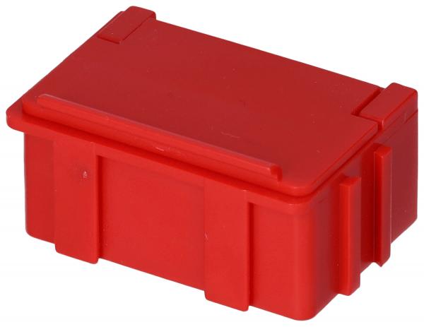 Das Bild zeigt eine rechteckige, leuchtend rote Box mit einem flachen Deckel. Seiten und Kanten sind glatt. Sie hat eine praktische Form zum Verstauen von Gegenständen.