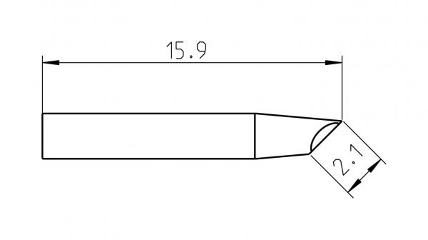 The image shows a technical drawing of an object with two measurements: 15.9 units in length and a width of 2.1 units at a conical tip.