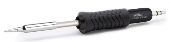 The image shows a soldering iron with a slim, black handle that has a rubberized surface. The tip is made of shiny metal, typical for soldering tasks.
