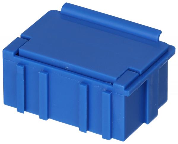 Das Bild zeigt eine kleine, rechteckige Box in kräftigem Blau. Sie hat einen fest schließenden Deckel und vertikale Rillen an den Seiten, was ihr ein robustes Aussehen verleiht.