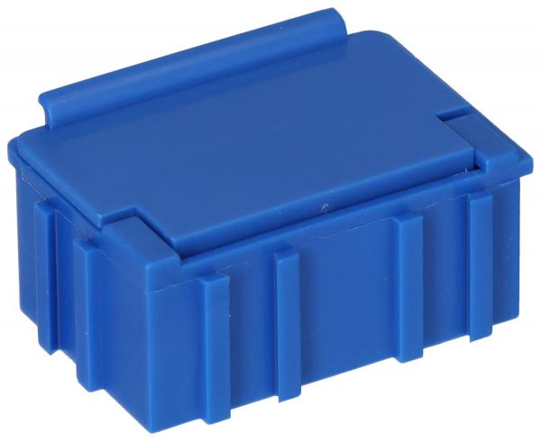 Das Bild zeigt eine kleine, rechteckige Box aus Kunststoff in leuchtendem Blau. Sie hat einen flachen Deckel und vertikale Rillen an den Seiten. Die Box scheint stabil und handlich zu sein.