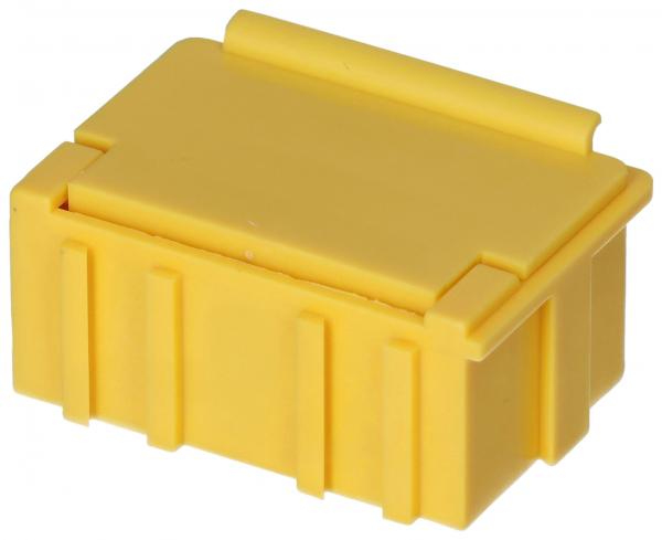 Das Bild zeigt eine kleine, rechteckige Box in leuchtendem Gelb. Sie hat eine glatte Oberfläche, seitliche Rillen und einen leicht erhöhten Deckel, der darauf hinweist, dass sie verschlossen werden kann.