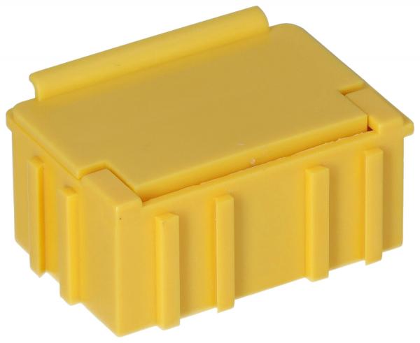 Das Bild zeigt eine kleine, gelbe Kunststoffbox mit einem flachen Deckel. Die Box hat vertikale Rillen an den Seiten und wirkt robust und stabil.
