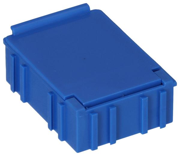 Das Bild zeigt einen kleinen, rechteckigen Behälter in leuchtendem Blau. Er hat eine abgerundete Oberseite und seitliche Rillen für besseren Halt. Der Deckel ist leicht erhöht.