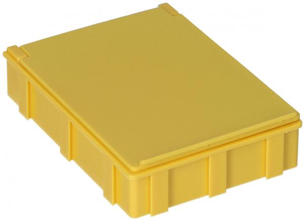 Das Bild zeigt eine gelbe Kunststoffbox mit einem flachen, abnehmbaren Deckel. Sie hat abgerundete Ecken und ein strukturiertes Außendesign mit kleinen Vertiefungen.
