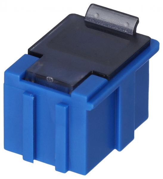Das Bild zeigt einen blauen Kunststoffstecker. Er hat eine rechteckige Form mit einer glatten Oberfläche und einer schwarzen Kappe oben. An den Seiten sind zwei Rillen sichtbar.