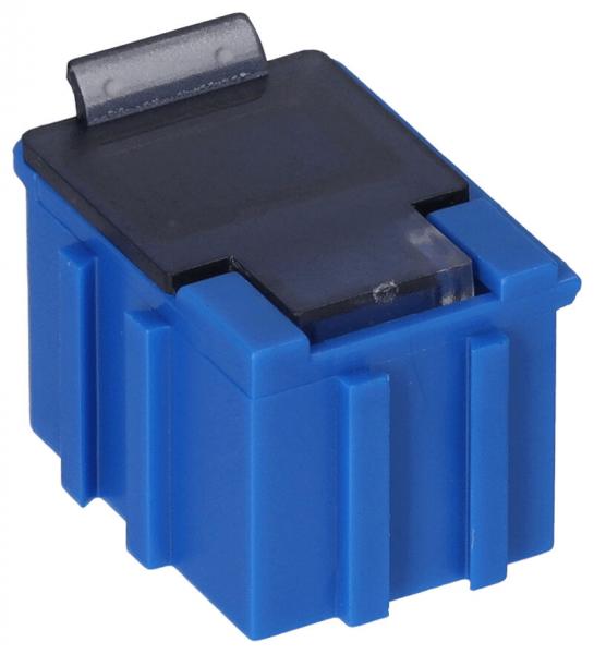 Das Bild zeigt einen kleinen, quadratischen Gegenstand in leuchtendem Blau, mit einer glatten, dunklen Oberseite und vertieften Rillen an den Seiten. Er hat eine oben befindliche Klappe.